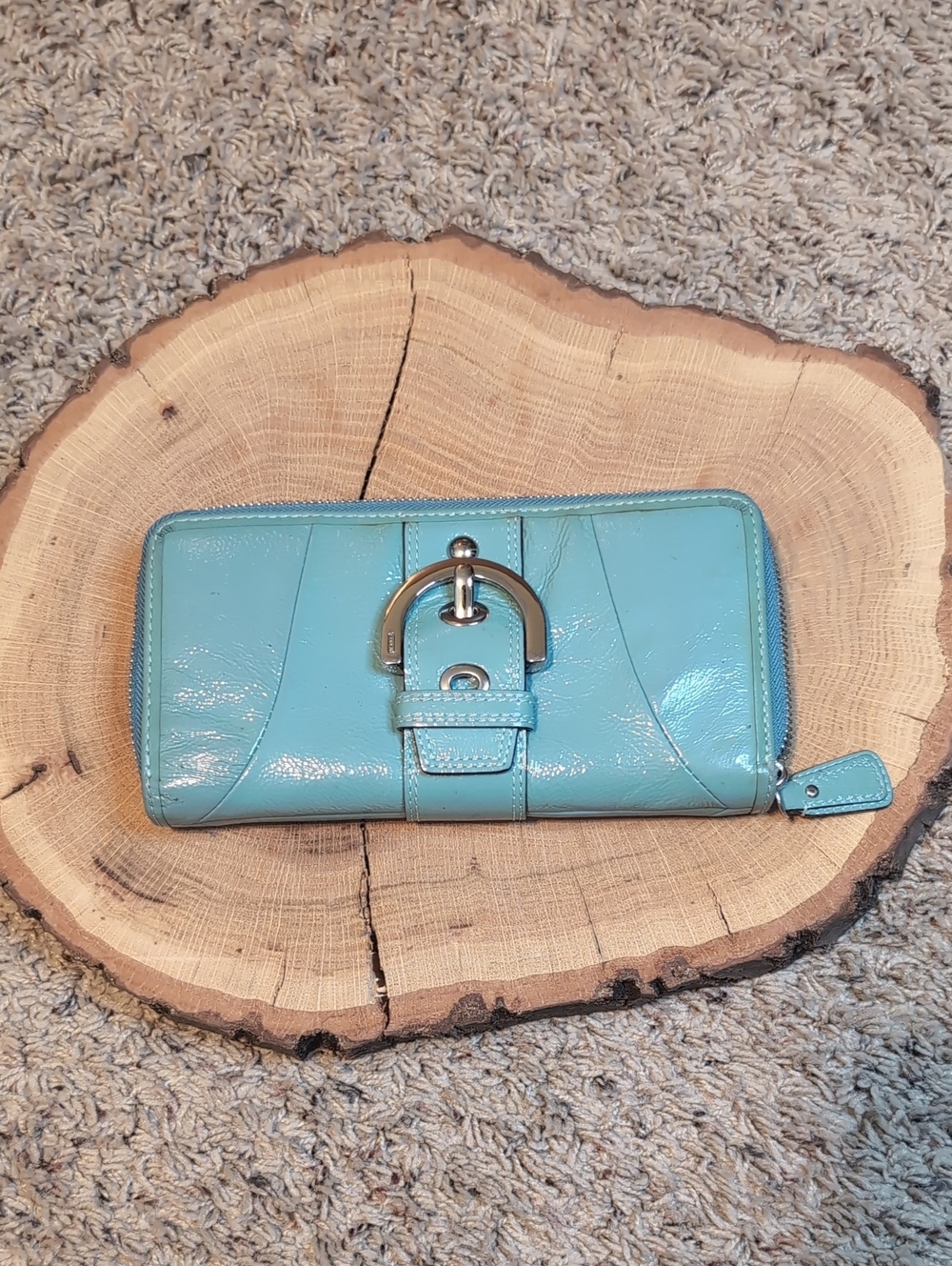 Coach Turquoise Patent Leather Zip Wallet with Silver Buckle